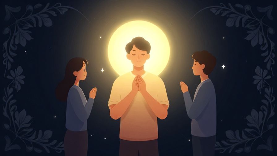 Illustration of a person feeling fulfilled and glowing with light, standing beside another who is the source of that light, with elegant floral patterns