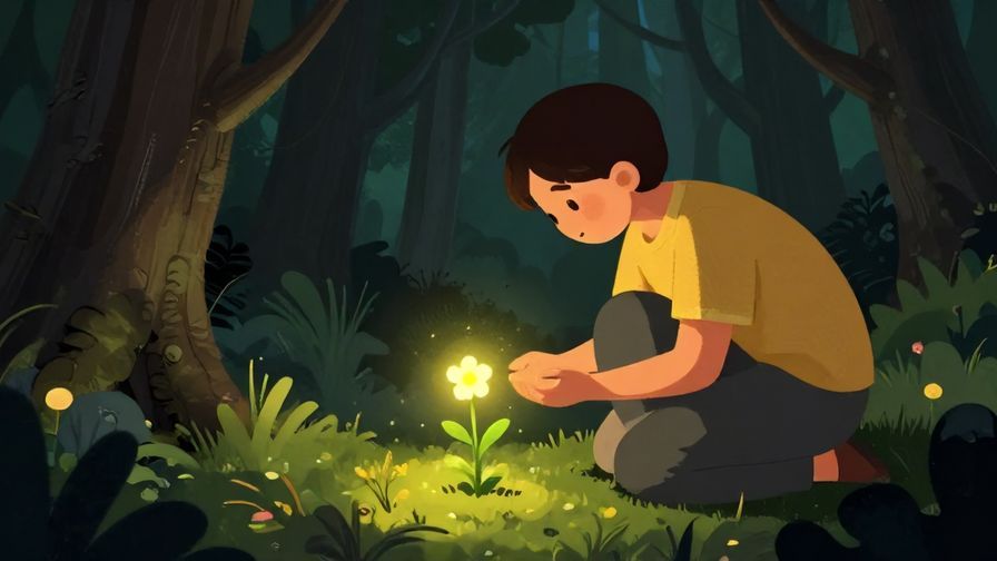 Illustration of a person finding a small glowing flower in a dark forest, symbolizing hope amid hardship, detailed background, vibrant colors, illustrated style