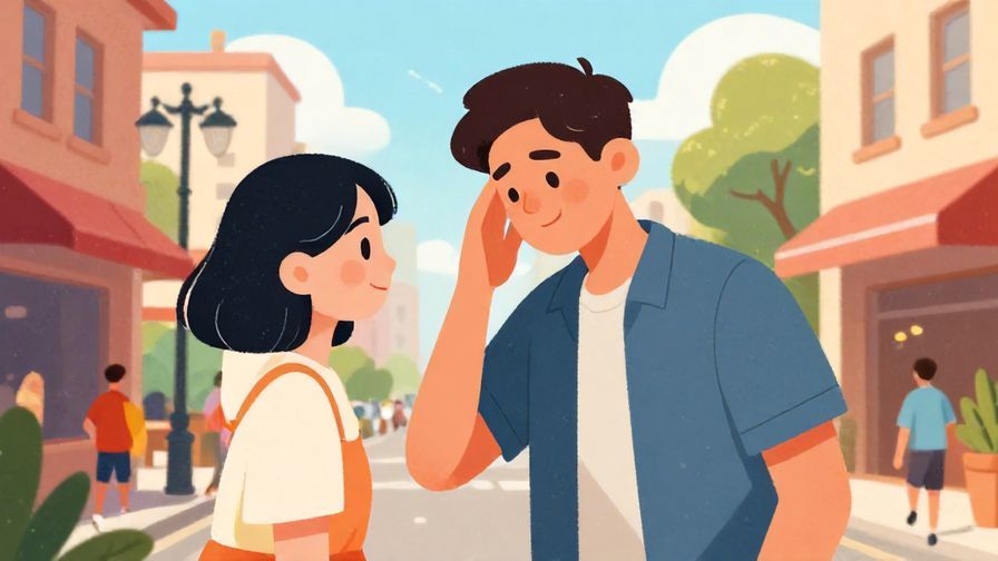 Illustration of a person firmly but kindly shaking their head, bright lively street scene, illustrated style