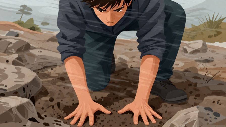Illustration of a person firmly planting their feet on rocky ground during a strong wind, expression determined