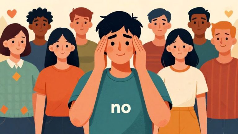 Illustration of a person firmly shaking their head with a clear "no" gesture, standing in front of a group, detailed background, vibrant colors, illustrated style