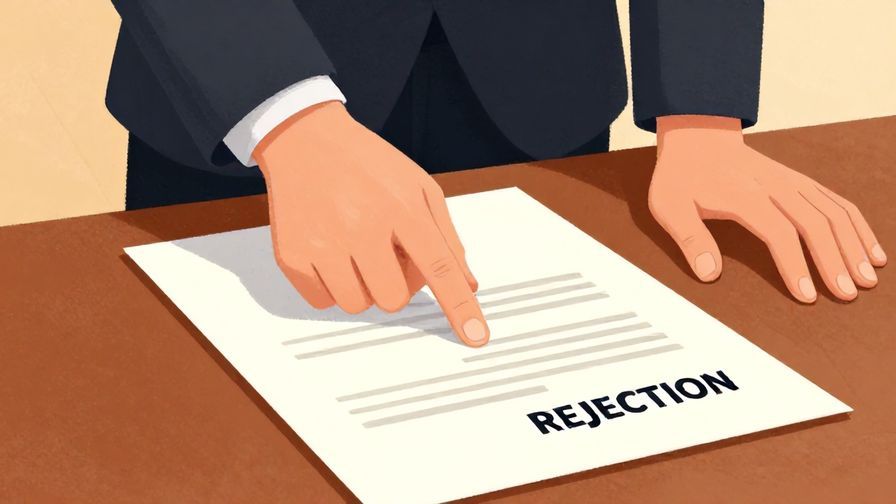 Illustration of a person firmly stamping a document, symbolizing official rejection, detailed background, vibrant colors, illustrated style