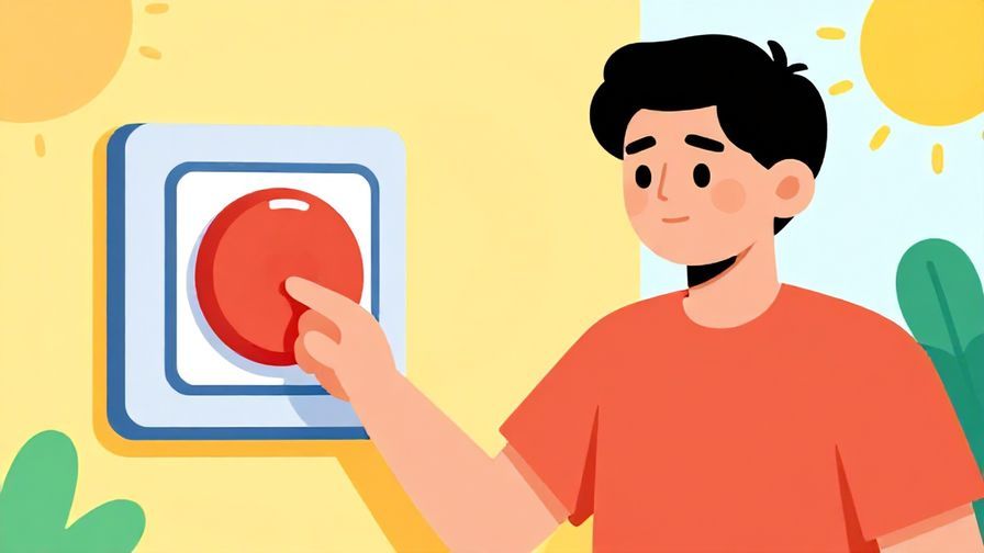 Illustration of a person flipping a large switch with a calm expression, sunny background, vibrant colors