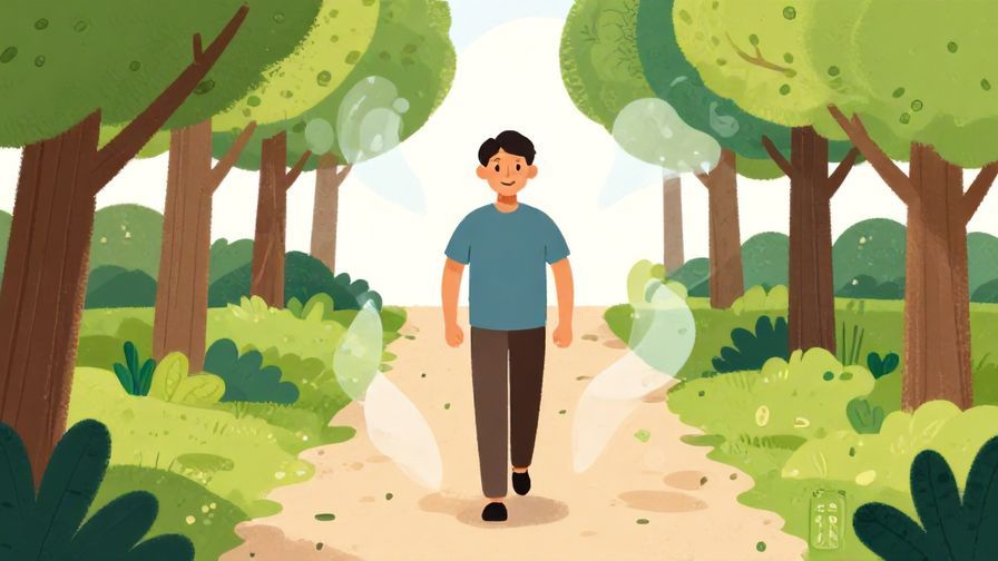 Illustration of a person following a straight path with a confident smile, surrounded by gentle breezes and leafy trees, vibrant colors, illustrated style