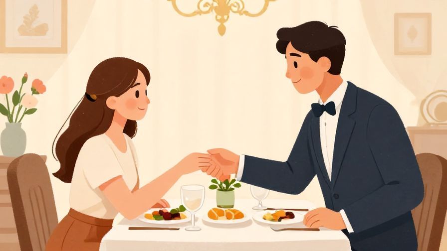 Illustration of a person formally thanking a host after a meal, elegant room with flowers, respectful posture, warm lighting, illustrated style