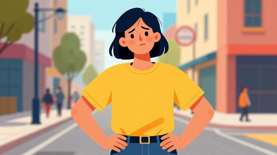 Illustration of a person frowning but with a playful smirk, hands on hips in an urban casual setting, vibrant colors, illustrated style