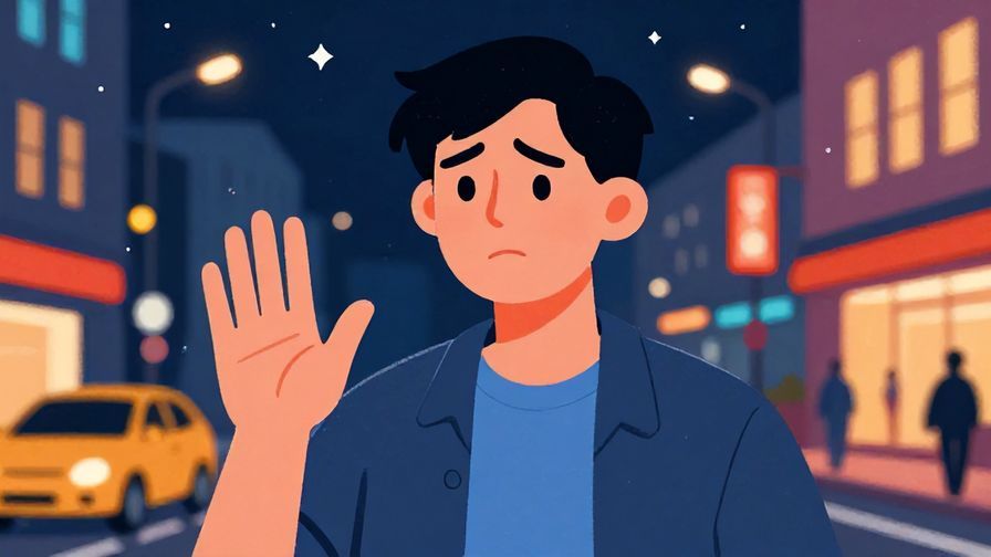 Illustration of a person frowning while raising a hand in warning, nighttime city street background, vibrant colors, illustrated style