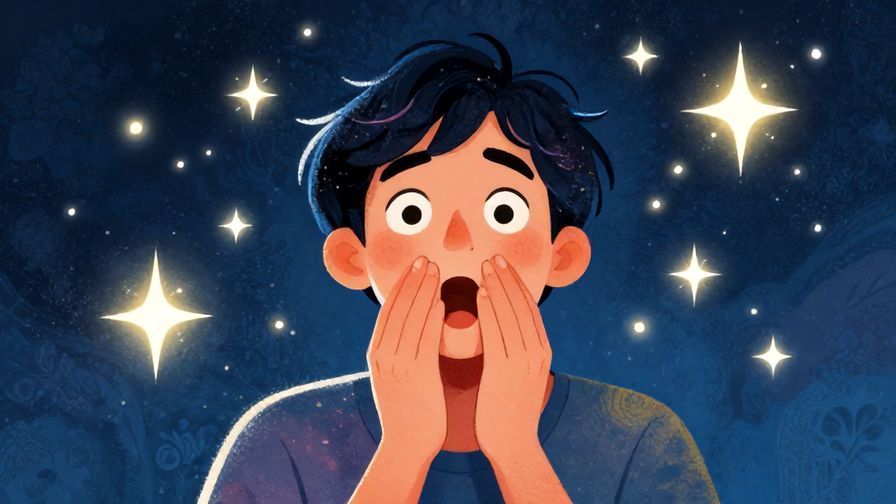 Illustration of a person gasping happily with wide eyes, surrounded by sparkling stars, detailed background, vibrant colors, illustrated style