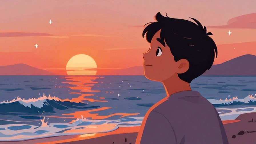 Illustration of a person gazing at a sunset with a hopeful smile, gentle waves and stars in the background, vibrant colors, illustrated style