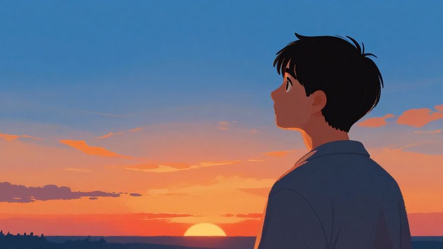 Illustration of a person gazing thoughtfully at the horizon during sunset, symbolizing life’s ups and downs, vibrant colors, illustrated style