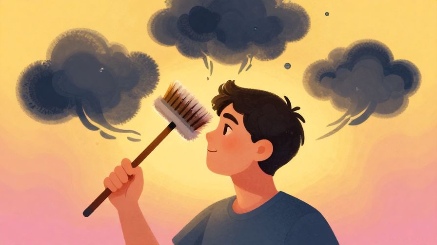 Illustration of a person gently brushing away swirling dark clouds from their head with a soft broom, bright colorful background