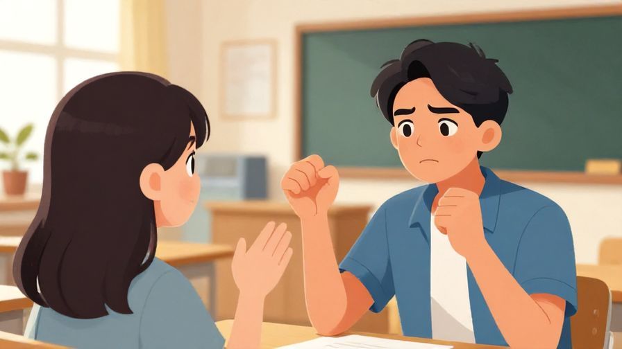 Illustration of a person gently cheering on another person with a determined expression, bright classroom or office background, detailed background, vibrant colors, illustrated style