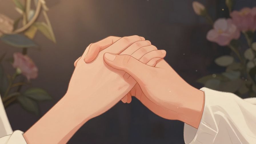 Illustration of a person gently clasping hands with a soft, reflective expression, subtle floral background, elegant lighting, illustrated style