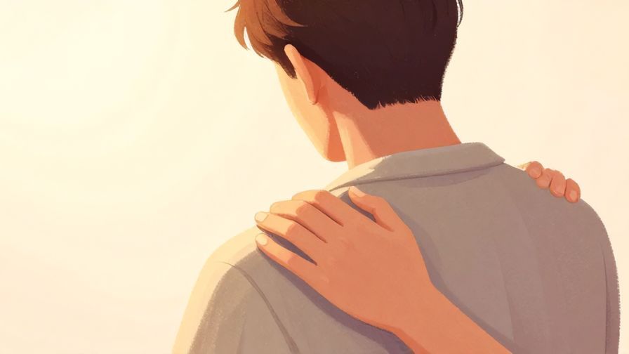 Illustration of a person gently encouraging another with a hand on their shoulder, soft glowing background, polite and warm vibe, illustrated style