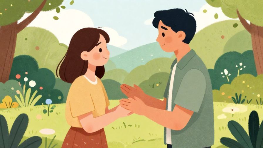 Illustration of a person gently encouraging another with a soft smile, both standing in a peaceful garden, polite tone, illustrated style