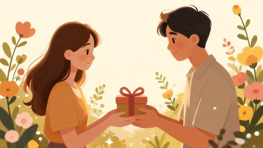 Illustration of a person gently giving a gift to another, surrounded by blooming flowers, warm and soft lighting, illustrated style