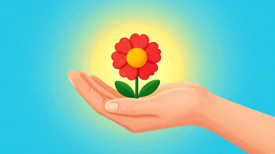 Illustration of a person gently holding a blooming flower, symbolizing acceptance, serene background, vibrant colors, illustrated style