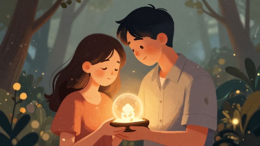 Illustration of a person gently holding a cherished keepsake with a loving smile, surrounded by soft glowing light and natural elements