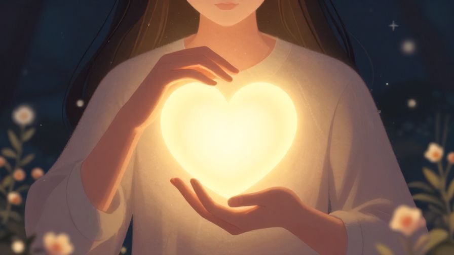 Illustration of a person gently holding a glowing heart-shaped object close, surrounded by soft glowing light and floral accents