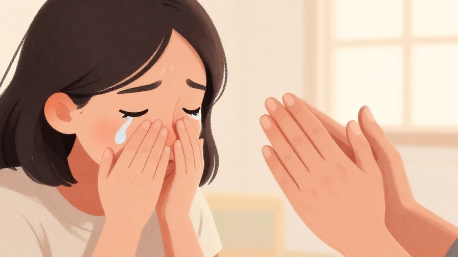 Illustration of a person gently holding both hands of another, softly urging them to stop crying, soft pastel room background, warm lighting, illustrated style