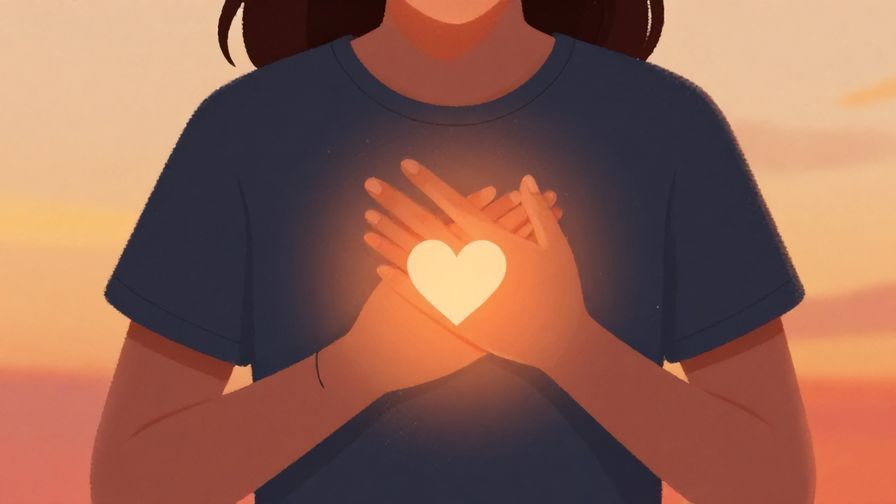 Illustration of a person gently holding their chest with a soft glowing heart symbol, surrounded by warm sunset colors