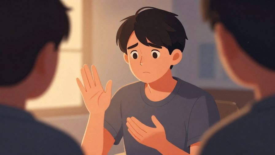 Illustration of a person gently holding up a hand to stop someone else from speaking, with a concerned expression, soft evening light, illustrated style