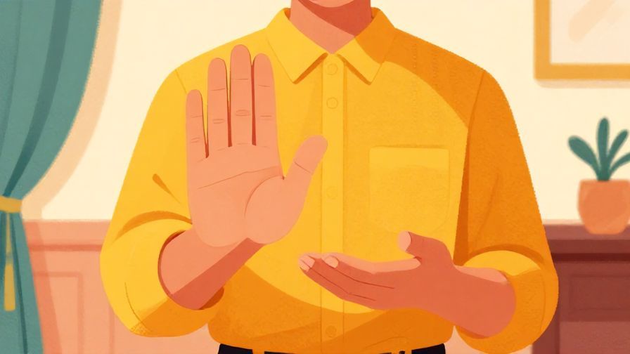 Illustration of a person gently holding up a palm to signal stop in a polite conversation, elegant room background, vibrant colors, illustrated style