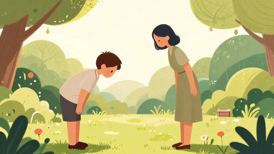Illustration of a person gently inviting another with a slight bow in a serene garden, soft natural light