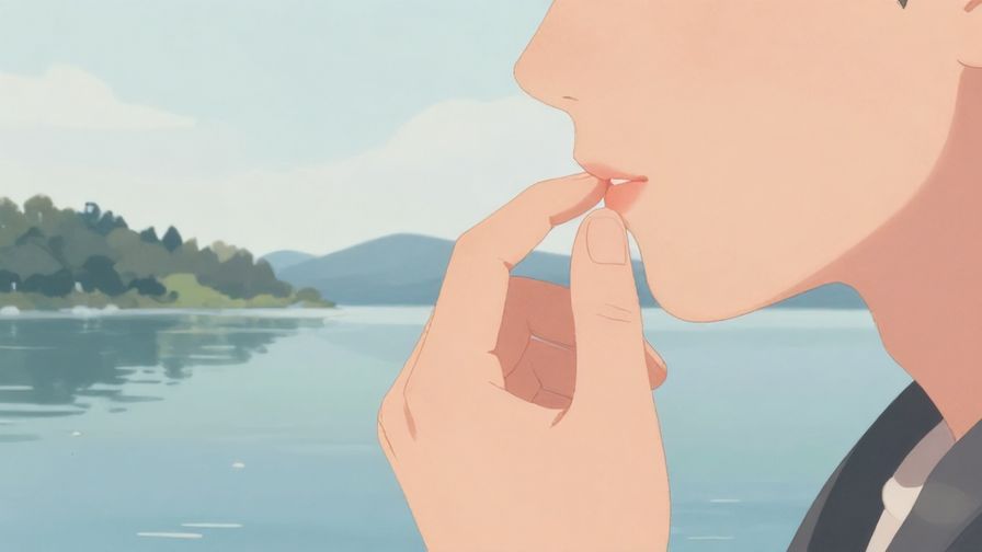 Illustration of a person gently putting a finger to their lips on a quiet lakeside background, soft colors