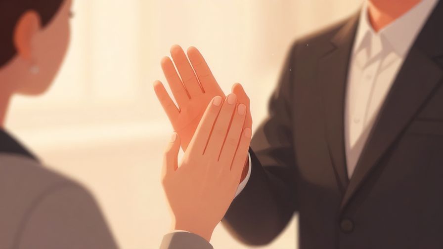 Illustration of a person gently raising a hand in a formal setting, soft lighting