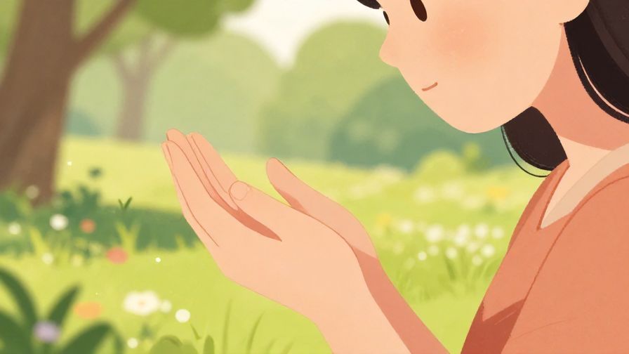 Illustration of a person gently raising a hand with a soft, apologetic smile in a quiet park setting, soft natural colors