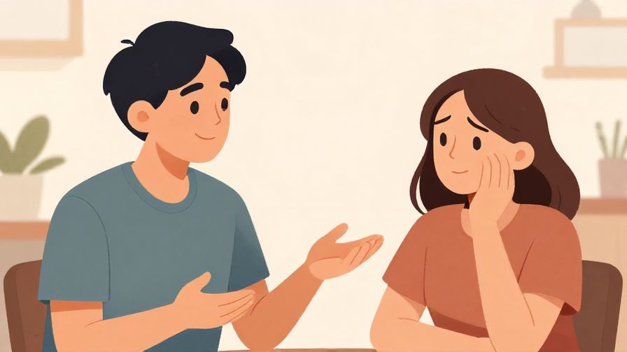 Illustration of a person gently smiling while giving advice to another who looks a bit frustrated but thoughtful