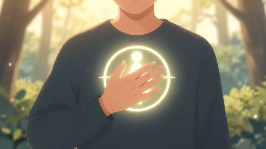Illustration of a person gently touching their chest with a glowing symbol inside, surrounded by serene nature and soft light rays