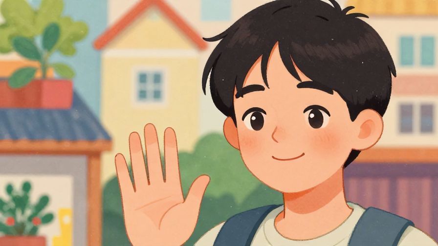 Illustration of a person gently waving goodbye with a soft smile, detailed background, vibrant colors, illustrated style