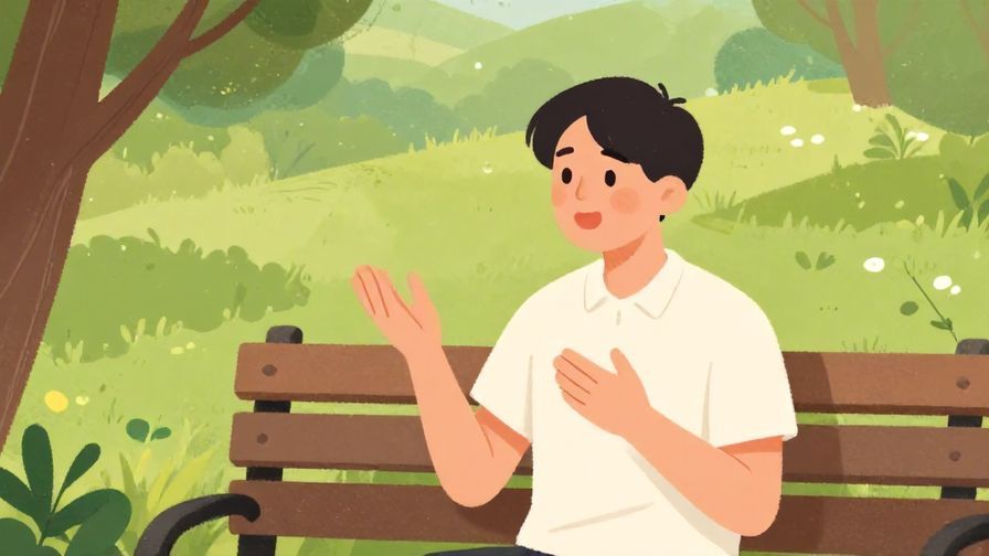 Illustration of a person gesturing gently while speaking, outdoor park bench setting, soft colors