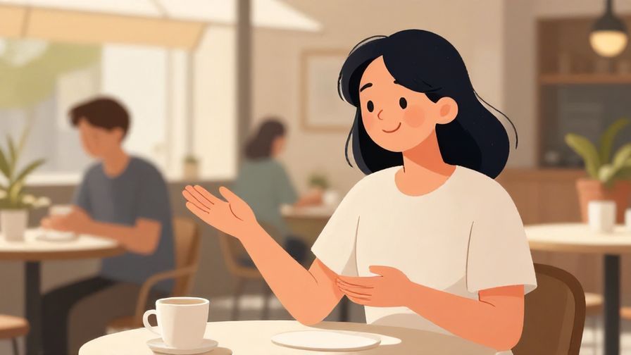 Illustration of a person gesturing invitingly with an open hand, friendly smile, outdoor cafe scene with soft lighting