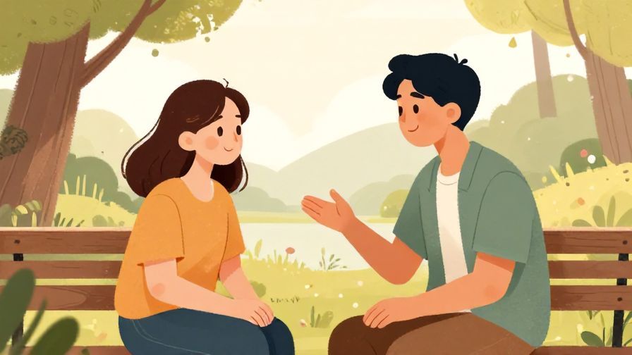 Illustration of a person giving a gentle reminder with a soft smile during a casual chat in a park, warm colors, illustrated style