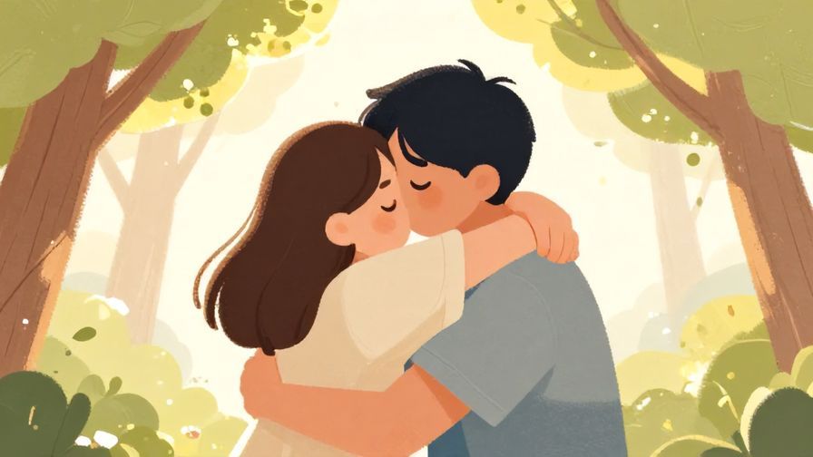 Illustration of a person giving a heartfelt hug with warm sunlight filtering through trees, soft pastel colors