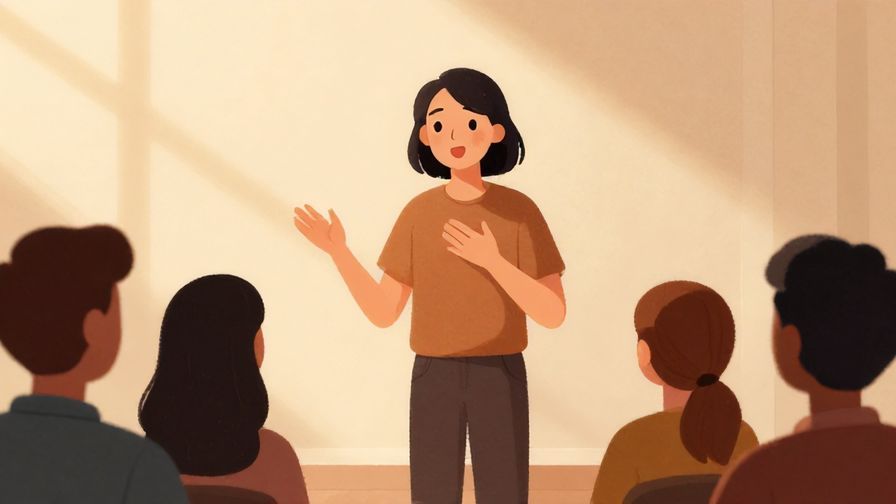 Illustration of a person giving a heartfelt speech, audience engaged, warm lighting