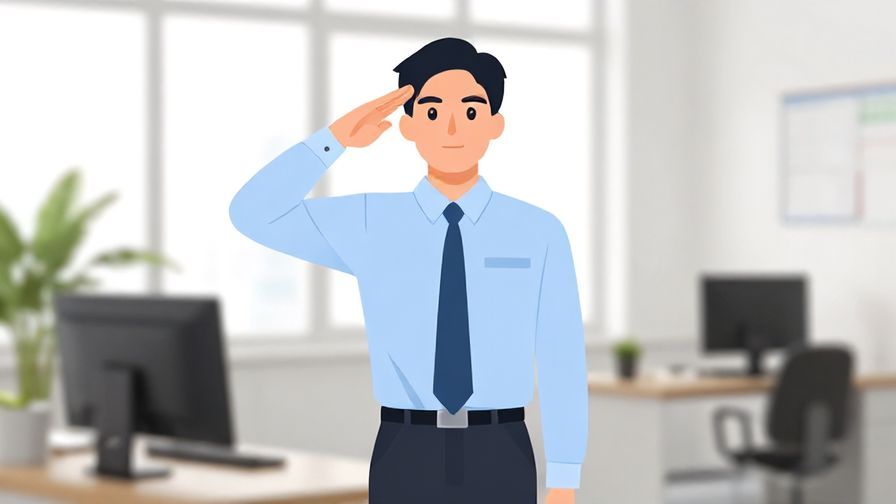 Illustration of a person giving a polite salute or thumbs up in an office space, bright and respectful atmosphere