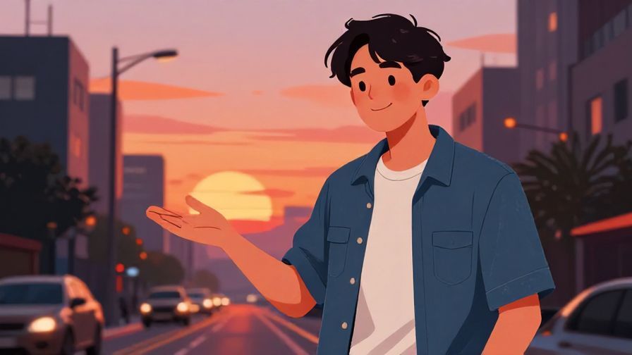 Illustration of a person giving a reassuring smile with a casual shrug, standing on a city street at sunset, vibrant colors, illustrated style