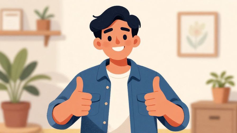 Illustration of a person giving a reassuring smile with a thumbs-up in a casual setting, vibrant colors, illustrated style