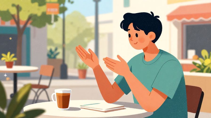 Illustration of a person giving a small, friendly nod while gesturing gently, in a sunny outdoor café setting, vibrant colors, illustrated style