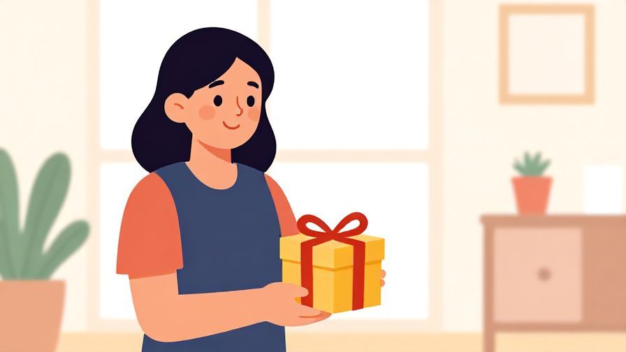 Illustration of a person giving a small wrapped gift with a smile, bright room, cheerful atmosphere