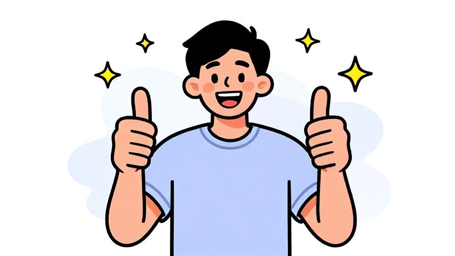 Illustration of a person giving a thumbs up with a big grin, surrounded by stars and abstract shapes