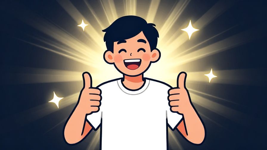 Illustration of a person giving a thumbs up with a big smile, surrounded by stars and bright light rays