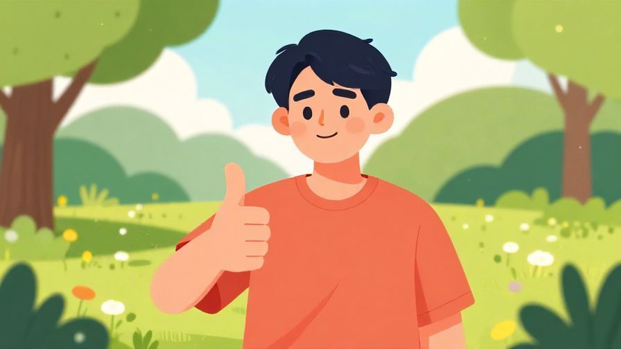Illustration of a person giving a thumbs-up with a forgiving smile, sunny park background, vibrant colors