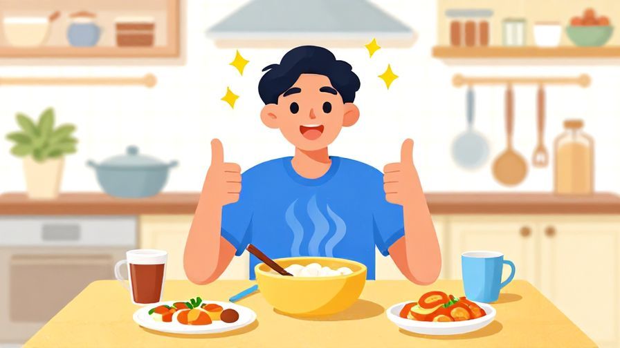 Illustration of a person giving a thumbs up with sparkles around their head, sitting at a table full of food, bright kitchen background