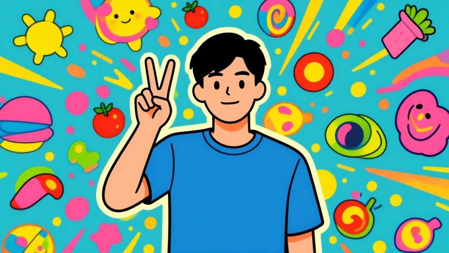 Illustration of a person giving a victory sign with a bright, playful background
