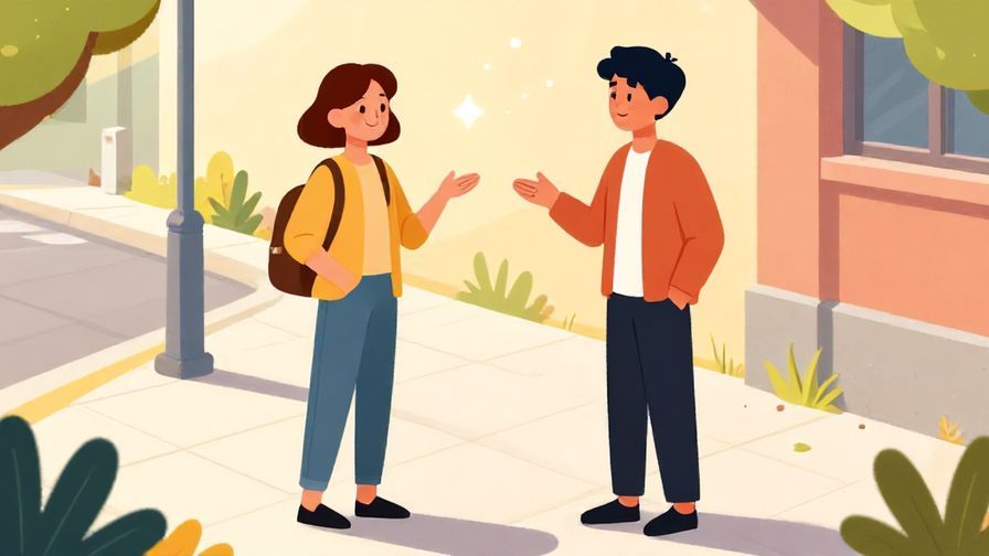 Illustration of a person giving friendly advice with a reassuring smile, standing on a sidewalk with gentle sunlight, vibrant colors